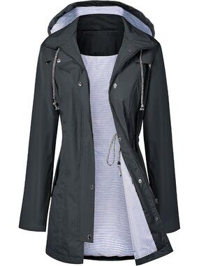 Women Deep Grey Hooded Waterproof Adjustable Drawstring Windbreaker Trench Coat